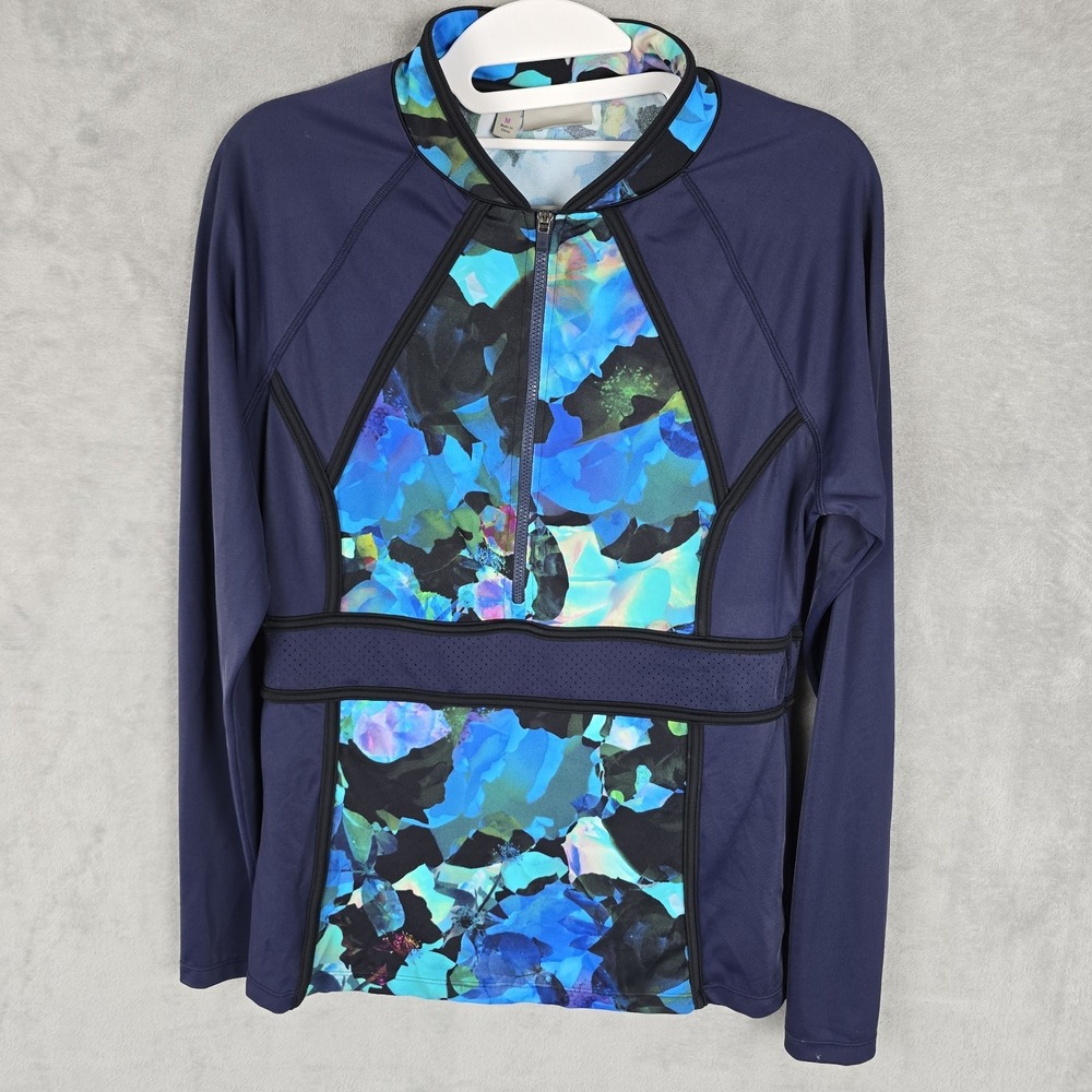 Athleta Pacifica Floral Rash Guard Womens Medium Navy Blue Half Zip Long Sleeve